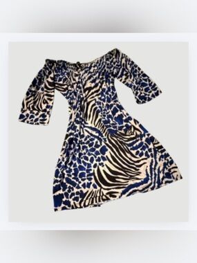 Tiana B. Off-Shoulder Dress, Black & Blue Animal Print, Elastic Neckline, Sz L